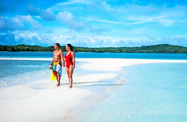 Couple at sand cay in Fiji