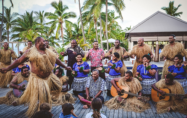 Vomo Experience Fijians dancing to welcome guests